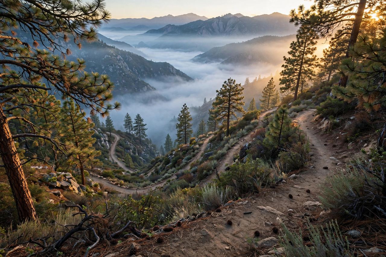 Angeles National Forest trail at sunrise with fog filling the canyon below